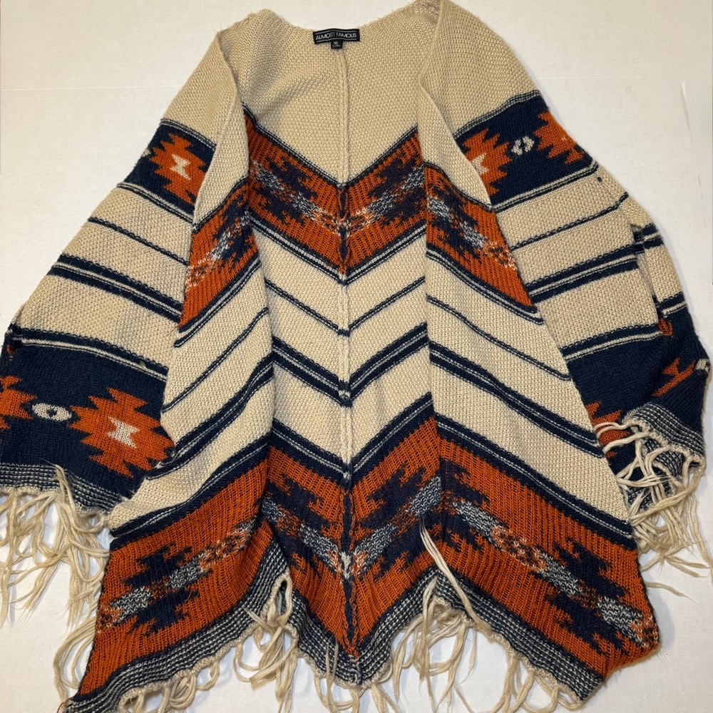 Almost Famous Southwestern Poncho Fringe Boho Western Festival Knit Size L/XL